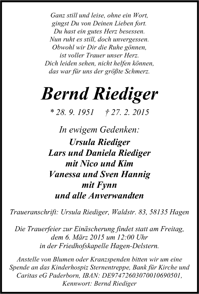  Traueranzeige für Bernd Riediger vom 03.03.2015 aus Tageszeitung