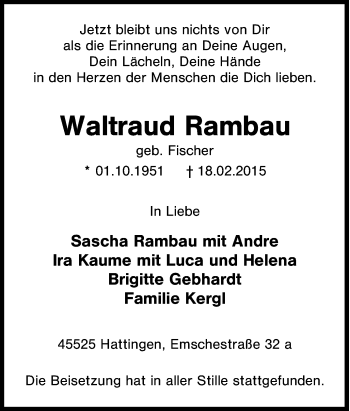 Traueranzeige von Waltraud Rambau von Tageszeitung