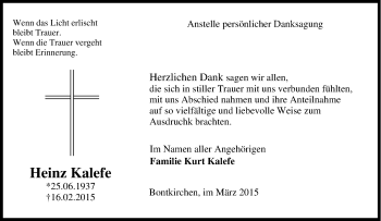 Traueranzeige von Heinz Kalefe von Tageszeitung