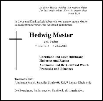 Traueranzeige von Hedwig Mester von Tageszeitung