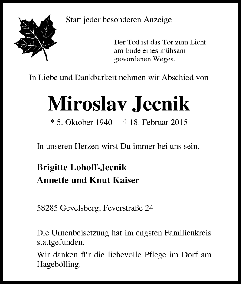  Traueranzeige für Miroslav Jecnik vom 04.03.2015 aus Tageszeitung