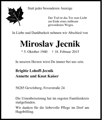 Traueranzeige von Miroslav Jecnik von Tageszeitung