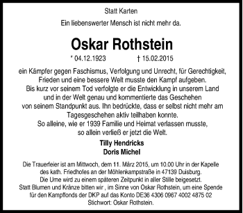 Traueranzeige von Oskar Rothstein von Tageszeitung