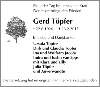Traueranzeige von Gerd Töpfer von Tageszeitung