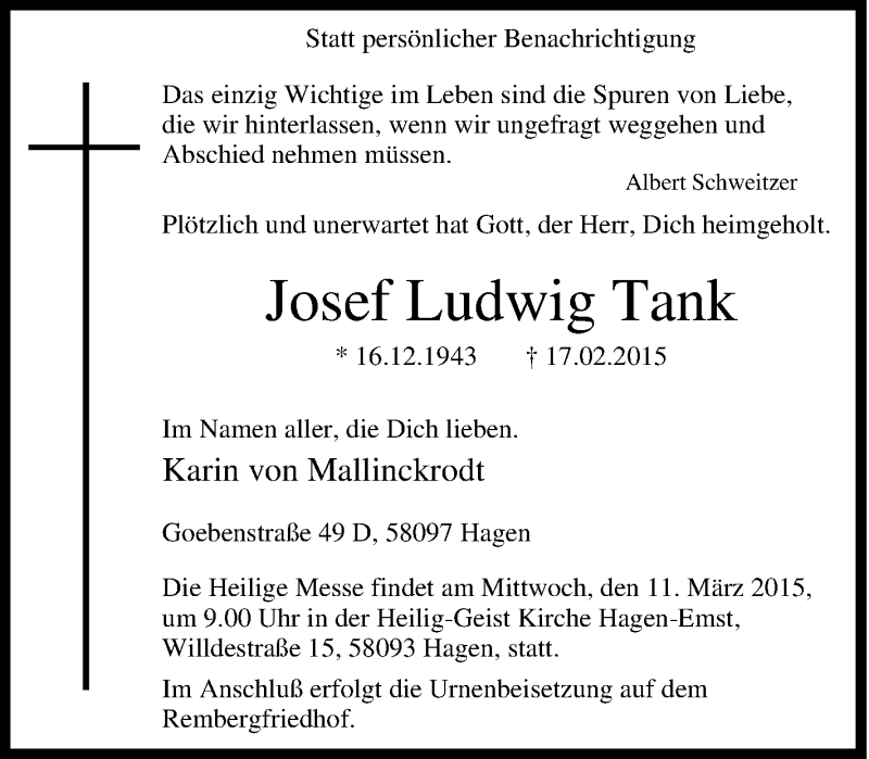  Traueranzeige für Josef Ludwig Tank vom 07.03.2015 aus Tageszeitung