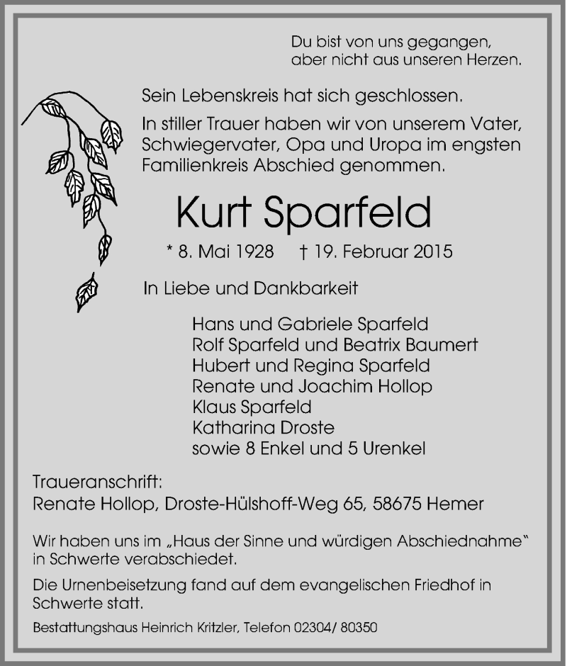  Traueranzeige für Kurt Sparfeld vom 07.03.2015 aus Tageszeitung