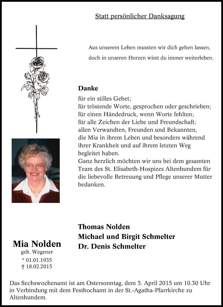  Traueranzeige für Mia Nolden vom 28.03.2015 aus Tageszeitung