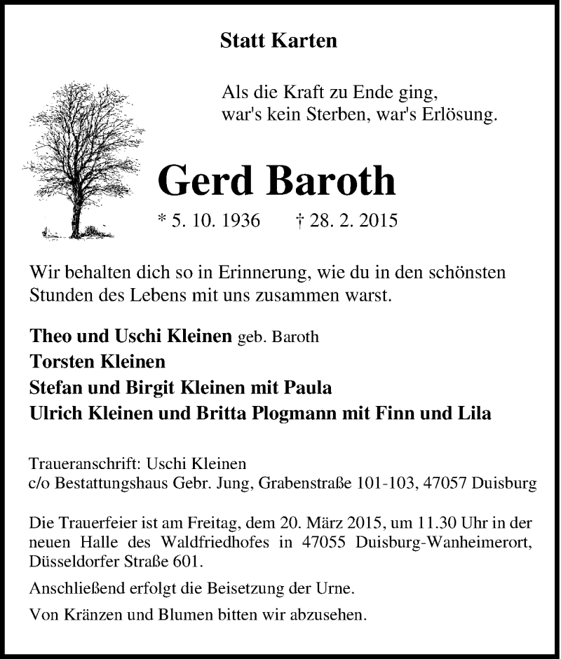  Traueranzeige für Gerd Baroth vom 07.03.2015 aus Tageszeitung
