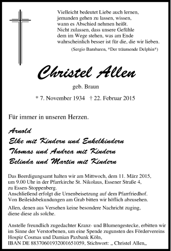 Traueranzeige von Christel Allen von Tageszeitung