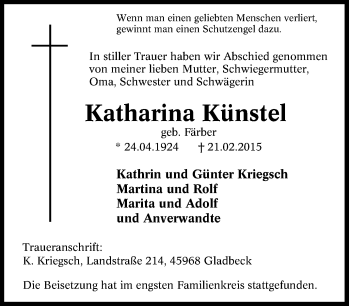 Traueranzeige von Katharina Künstel von Tageszeitung