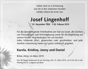Traueranzeige von Josef Lingenhoff von Tageszeitung