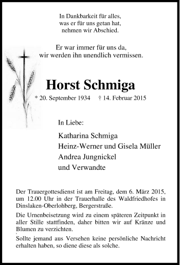 Traueranzeige von Horst Schmiga von Tageszeitung