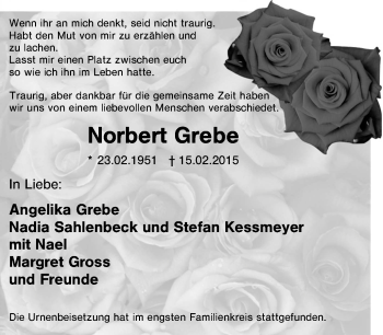 Traueranzeige von Norbert Grebe von Tageszeitung
