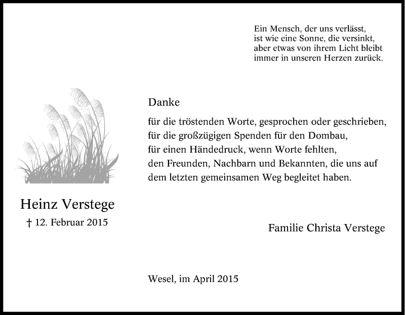  Traueranzeige für Heinz Verstege vom 11.04.2015 aus Tageszeitung