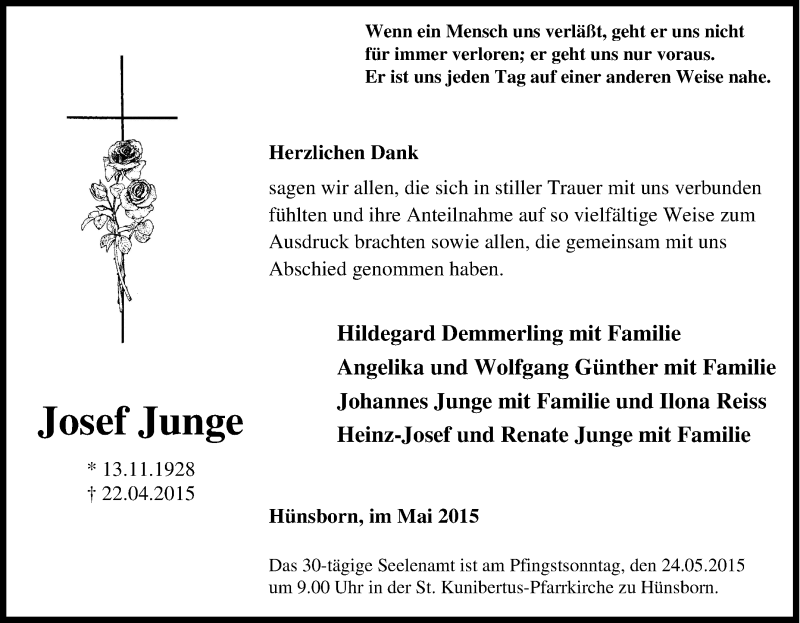  Traueranzeige für Josef Junge vom 25.04.2015 aus Tageszeitung