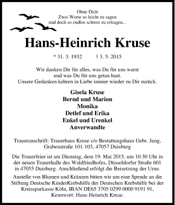 Traueranzeige von Hans-Heinrich Kruse von Tageszeitung