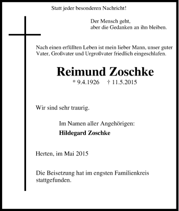 Traueranzeige von Reimund Zoschke von Tageszeitung
