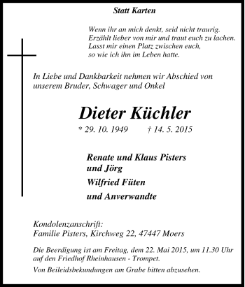 Traueranzeige von Dieter Küchler von Tageszeitung