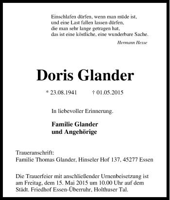Traueranzeige von Doris Glander von Tageszeitung