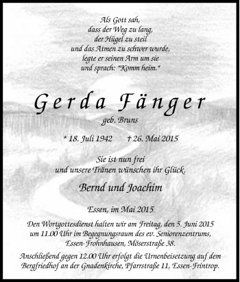 Traueranzeige von Gerda Fänger von Tageszeitung