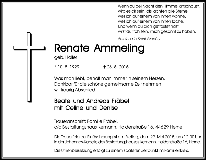  Traueranzeige für Renate Ammeling vom 27.05.2015 aus Tageszeitung