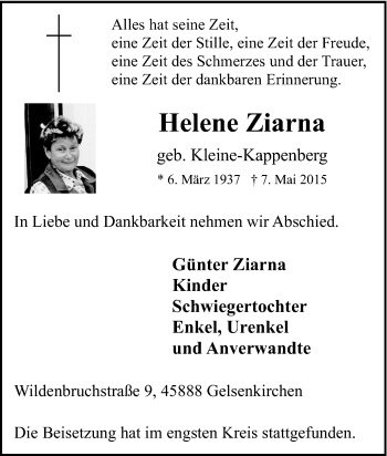 Traueranzeige von Helene Ziarna von Tageszeitung