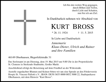 Traueranzeige von Kurt Bross von Tageszeitung