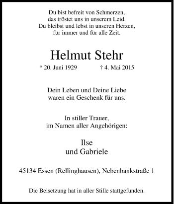 Traueranzeige von Helmut Stehr von Tageszeitung