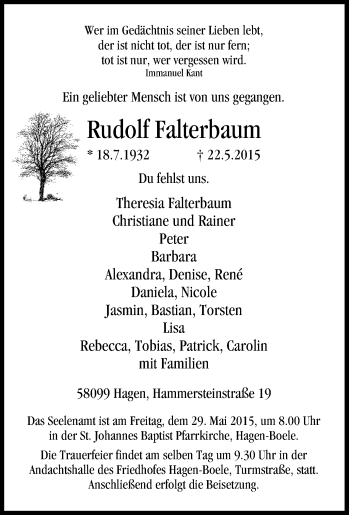 Traueranzeige von Rudolf Falterbaum von Tageszeitung