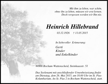 Traueranzeige von Heinrich Hillebrand von Tageszeitung