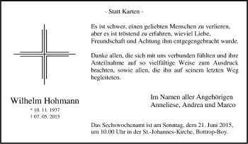 Traueranzeige von Wilhelm Hohmann von Tageszeitung