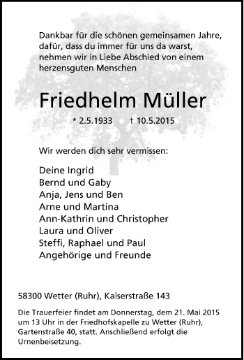 Traueranzeige von Friedhelm Müller von Tageszeitung