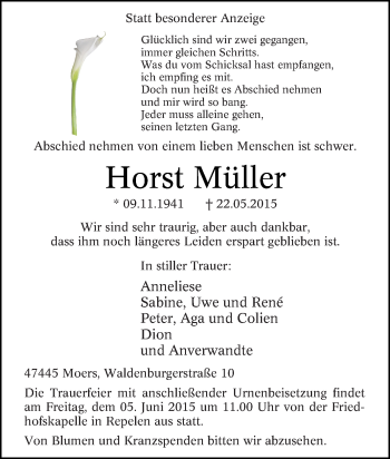 Traueranzeige von Horst Müller von Tageszeitung