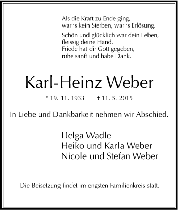 Traueranzeige von Karl-Heinz Weber von Tageszeitung