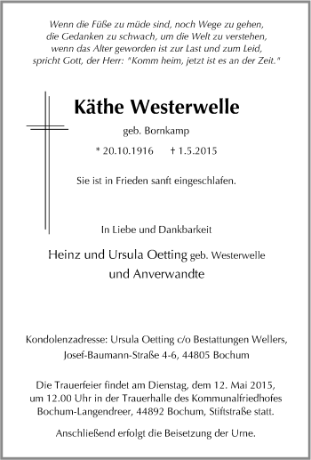 Traueranzeige von Käthe Westerwelle von Tageszeitung