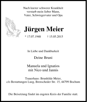 Traueranzeige von Jürgen Meier von Tageszeitung