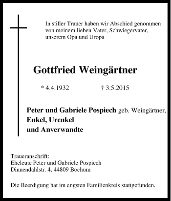 Traueranzeige von Gottfried Weingärtner von Tageszeitung