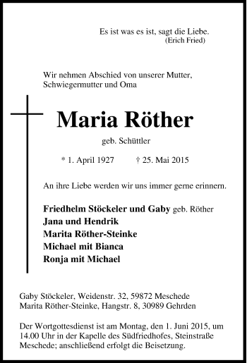 Traueranzeige von Maria Röther von Tageszeitung