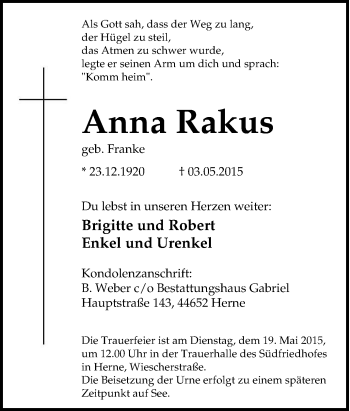 Traueranzeige von Anna Rakus von Tageszeitung