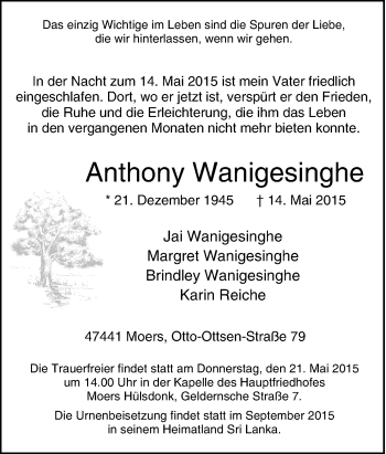 Traueranzeige von Anthony Wanigesinghe von Tageszeitung