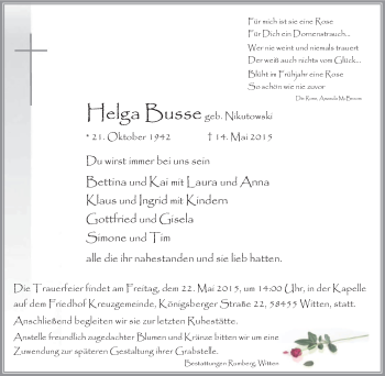 Traueranzeige von Helga Busse von Tageszeitung