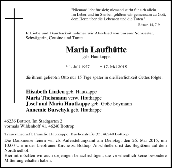 Traueranzeige von Maria Laufhütte von Tageszeitung
