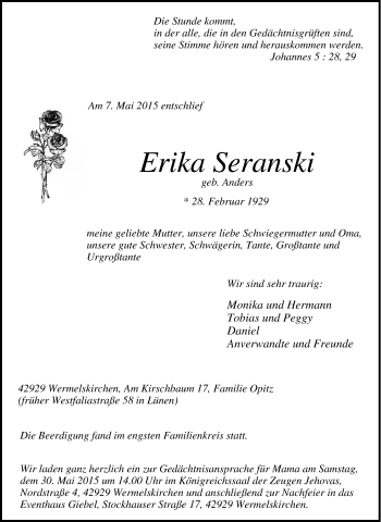Traueranzeige von Erika Seranski von Tageszeitung