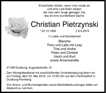 Traueranzeige von Christian Pietrzynski von Tageszeitung