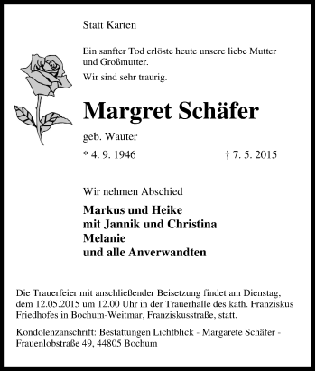 Traueranzeige von Margret Schäfer von Tageszeitung