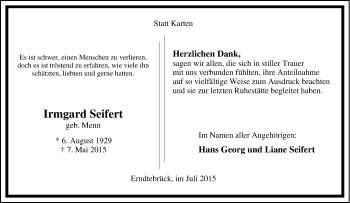 Traueranzeige von Irmgard Seifert von Tageszeitung