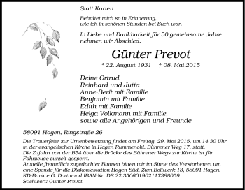 Traueranzeige von Günter Prevot von Tageszeitung