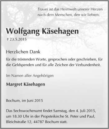 Traueranzeige von Wolfgang Käsehagen von Tageszeitung