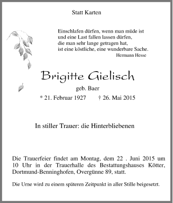 Traueranzeige von Brigitte Gielisch von Tageszeitung
