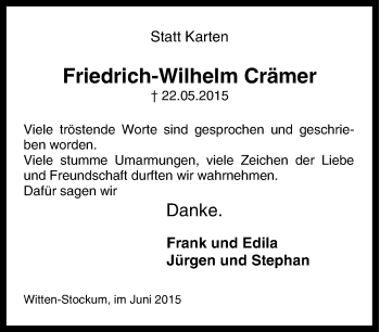 Traueranzeige von Friedrich-Wilhelm Crämer von Tageszeitung